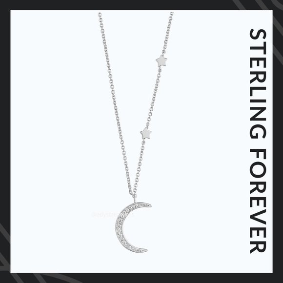 STERLING FOREVER Jewelry - New Rhodium Plated CZ Crescent With Stars Necklace